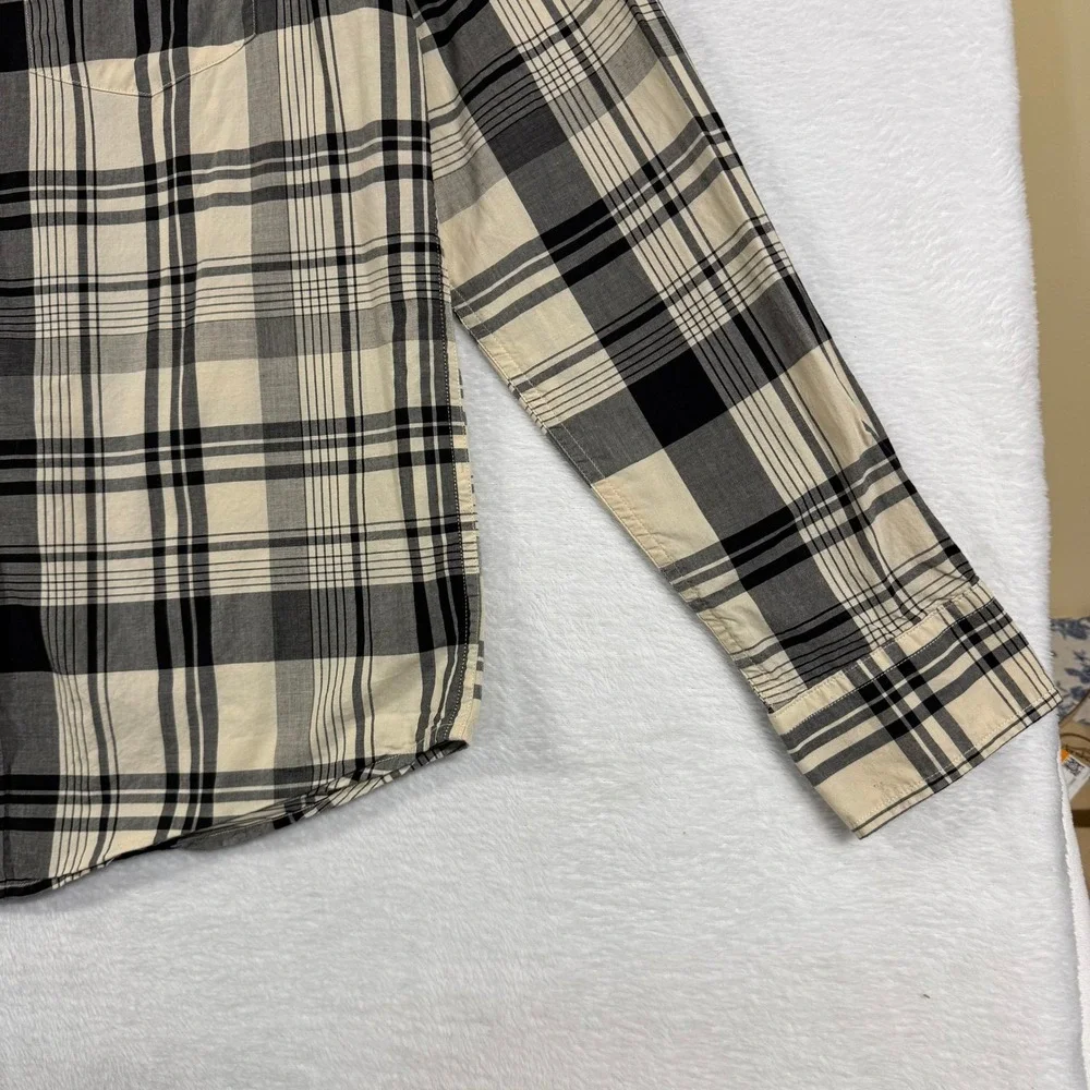 Banana Republic S Cream Black Plaid Buttoned Shirt Untucked Fit 100% Cotton Work